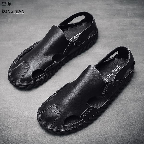 

fashion summer genuine leather gladiator sandals daily outdoor beach sandals casual men shoes black leather flat men