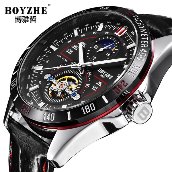 

casual leather watches mens automatic mechanical sports watch men luminous business multifunction wristwatch for men boyzhe, Slivery;brown