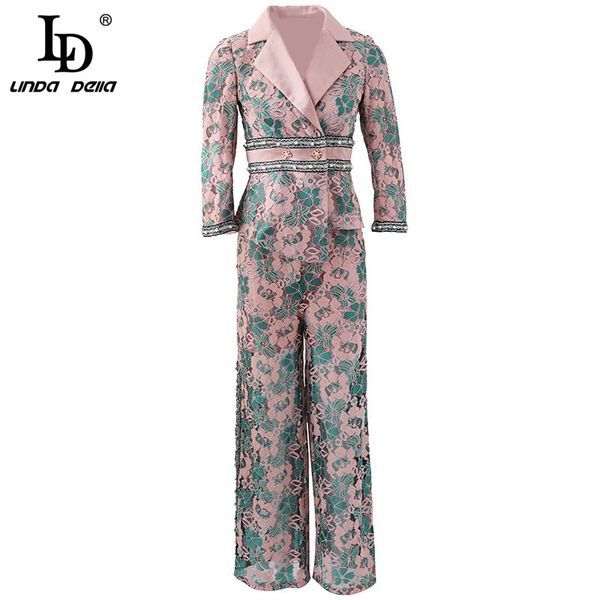 

лд линда делла весна дизайнер мода костюм устанавливает элегантных женщин цветочные кружева топ и брюки 2 двух частей установить офис дамы к, White