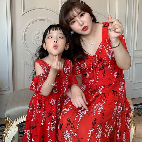 

2020 summer mother daughter v-neck dresses wedding skirt mom and daughter dress family look clothing shirts flower outfits, Blue