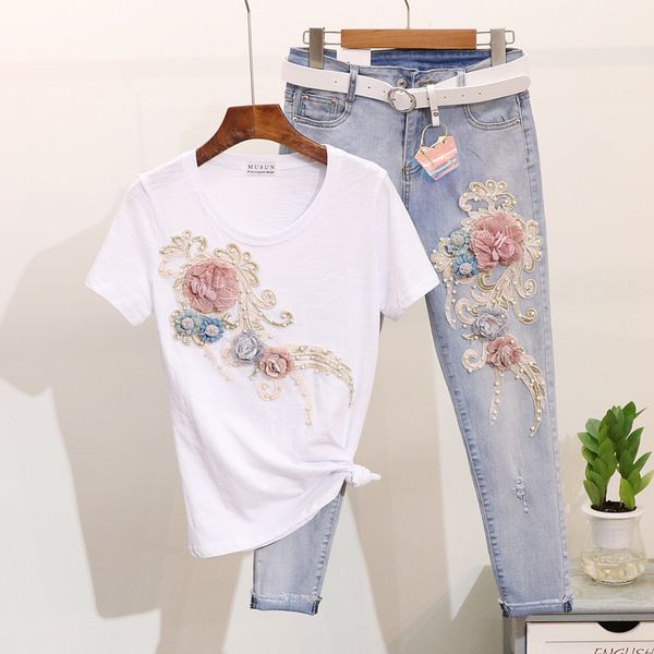 

fashion jeans sets women spring summer short sleeve t shirts holes denim pants suit beading flower tops trousers two piece set, White