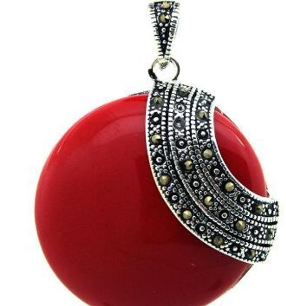 Spedizione Gratuita RARO ARGENTO STERLING 925 IMITAZIONE CORALLO ROSSO TONDO ENORME MARCASITE PENDENTE 35*35mm