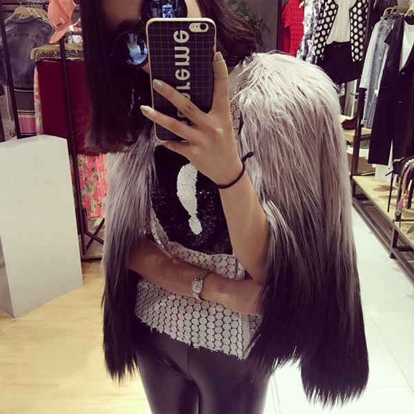 

vetement women gradient fake fur coat faux fur outerwear winter overcoat jacket long hair outerwear short jackets faux coats, Black