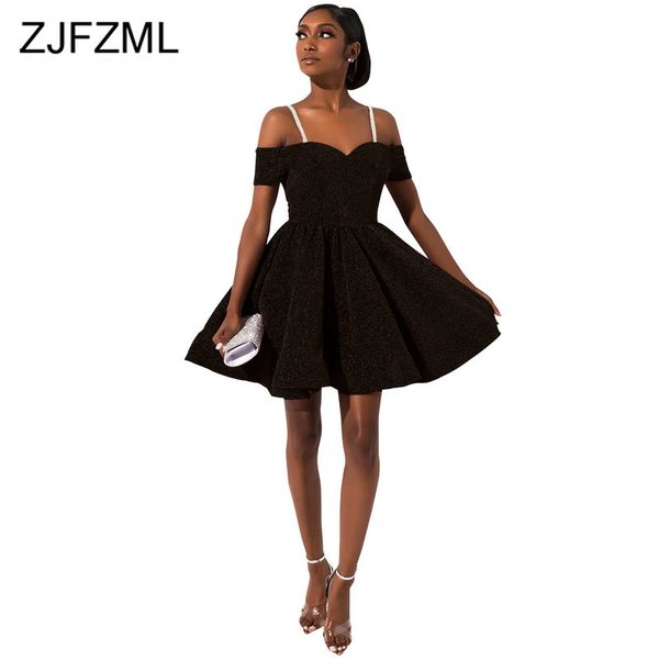 

spaghetti strap lurex ball gown women off shoulder short sleeve party dress elegant ladies backless high waist mini dress, Black;pink