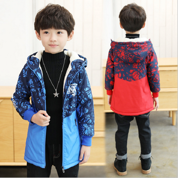

children's winter jackets thicken hooded plus velvet warm camouflage windproof coat winter jacket for boy 5-15 years old, Blue;gray