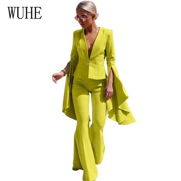 

wuhe fashion two pieces sets casual solid women pant suits v-neck blazer jacket & wide leg pant female suit autumn high quality, White;black