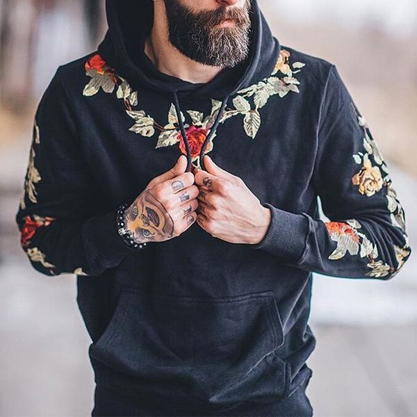 

2020 fashion trend men's winter spring new slim warm hooded sweatshirts floral print casual fitting jumper new pullover, Black