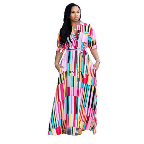

2020 plus-size new suumer women turn-down collar half sleeve striped printing a-line long dress fashion casual dressyf1019, White;black