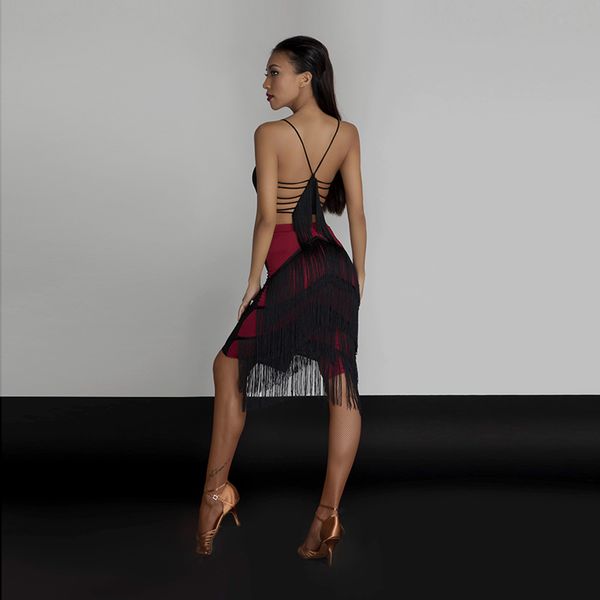 

zymdancestyle fni tassels latin dance practice with bra #8032, Black;red