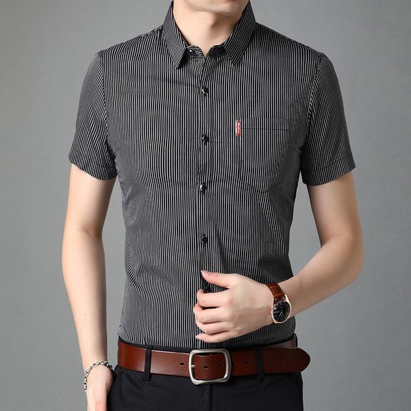 

selling product in 2020 summer men's lapel cotton shirt new fashion youth men's striped short sleeve shirt clothing, White;black