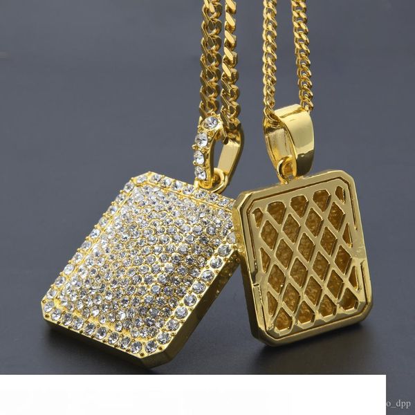 

hip hop men's rhinestone square pendant necklace gold filled blingbling military license charm cuban chain for man hip-hop jewelry, Silver