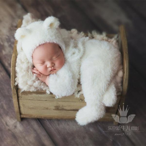 

vintge newborn bear outfit soft baby footed romper knitted newborn animal hat pgraphy props furry infant overalls onesie, White
