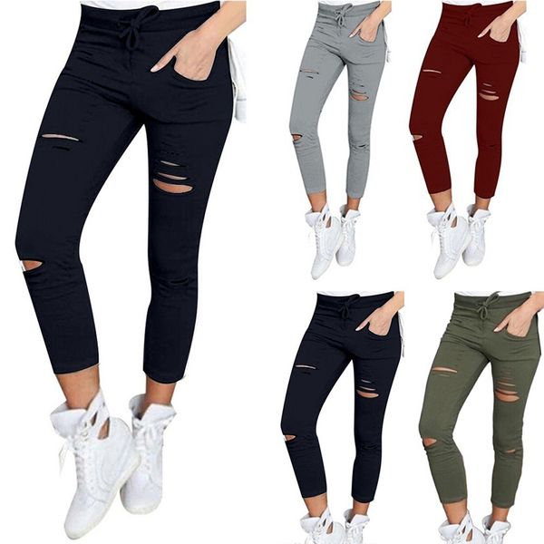 

women's pants & capris 2021 women fashion high waist slimming denim skinny fitness ripped holes streetwear jeans pencil leggings, Black;white