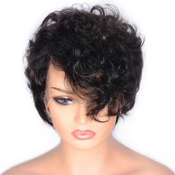 

бразильские вьющиеся волосы парики предварительно выщипанные парики фронта шнурка естественный цвет 8 дюймов парик человеческих волос с челк, Black;brown