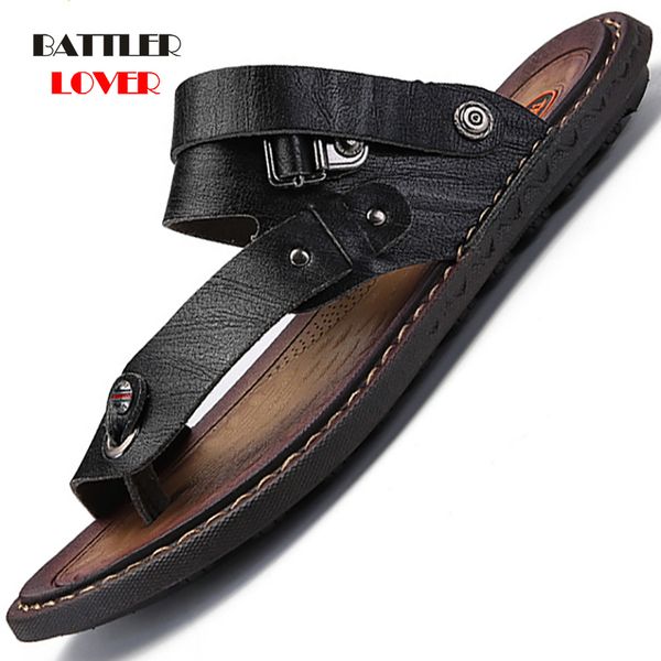 

genuine leather men's sandals open toe slip on fashion casual shoes men mens slippers roman summer beach sandals plus size 38-47, Black