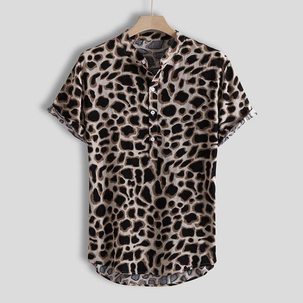 

feitong men shirt leopard printed blouse multi color lump chest pocket short sleeve turn-down loose shirts camisas hombre, White;black