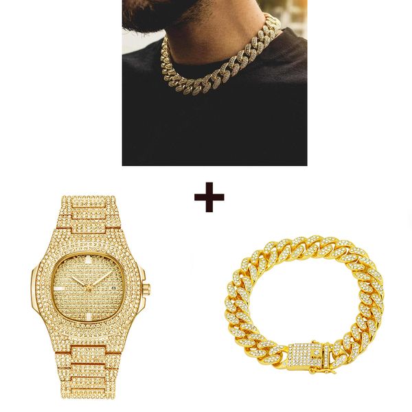 

gold watch+ necklace+ bracelet hip hop miami curb cuban chain bling iced out paved rhinestones cz rapper for men jewelry set, Silver