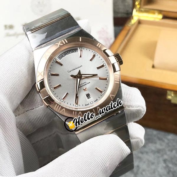 

new constellation 123.50.38.22.02.002 day date men's watch silver dial automatic mens watch two tone rose gold steel bracelet hello_wat, Slivery;brown