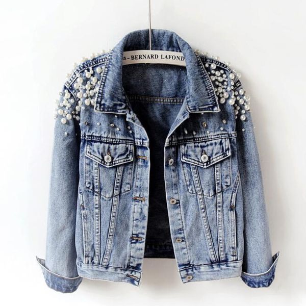 

2019 Spring Autumn Women Basic Coats Women Cool Denim Jacket Pearls Beading Fashion Jeans Coat Loose Long Sleeve Jackets 898