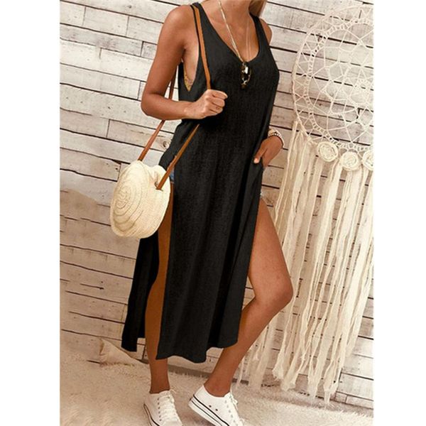 

Womens Solid Color Fashion Slit Dress Summer Sleeveless Loose Short Sleeve Roun Neck Sexy Tops Dress