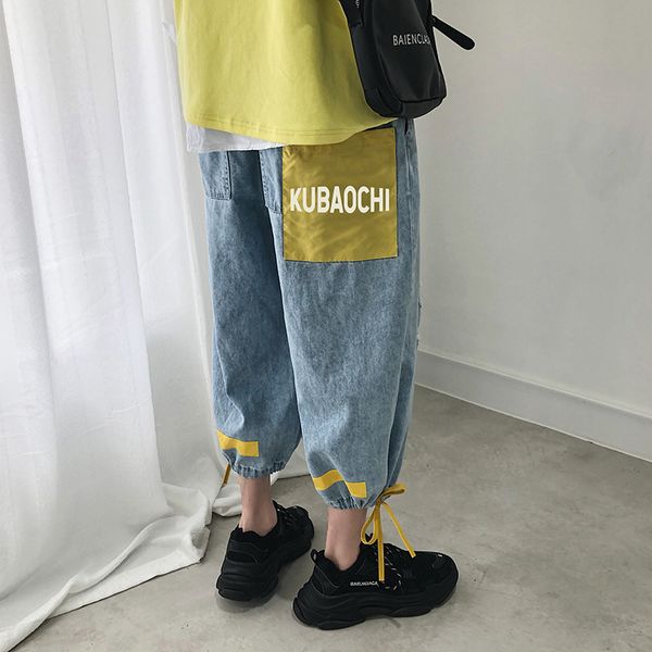 

streetwear tide drawstring leg seven part wide leg holes contrast color blue black men jeans 2019 summer hip hop male trousers