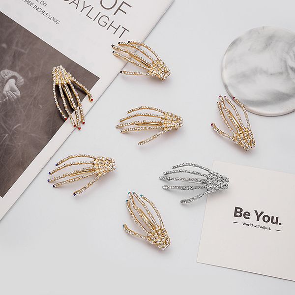 

dark skeleton skull hand-set rhinestone hairpin exaggerated metal halloween duckbill clip headdress, Golden;white