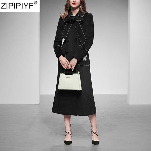 

2019 women winter elegant mermaid long coats casual turn down collar long sleeve woolen jackets outerwear blends overcoat, Black