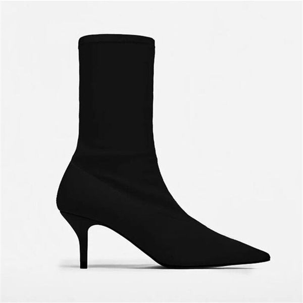 

yellow red sock boots pointed toe mid-calf boots women high heels ankle boots for women stiletto shoes botas mujer, Black