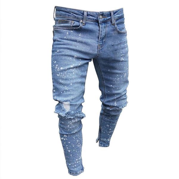 

moruancle men fashion hi street painted destroyed jeans pants stretchy ripped denim trousers for male printed distressed jeans, Blue