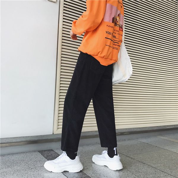 

winter new corduroy pants men warm thick straight casual loose streetwear hip hop trousers man solid color joggers sweatpants, Black