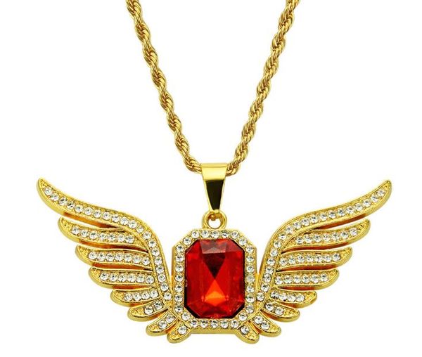 

мужская мода iced out bling питания из нержавеющей стали 18k gold wings красный кристалл кулон хип-хоп цепи ожерелье ювелирные изделия, Silver