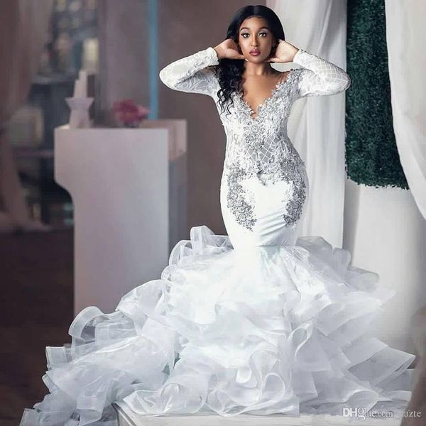 

long sleeve sparkly mermaid wedding dresses v neck lace crystal tiered skirt ruffles trumpet arabic garden church wedding gown, White