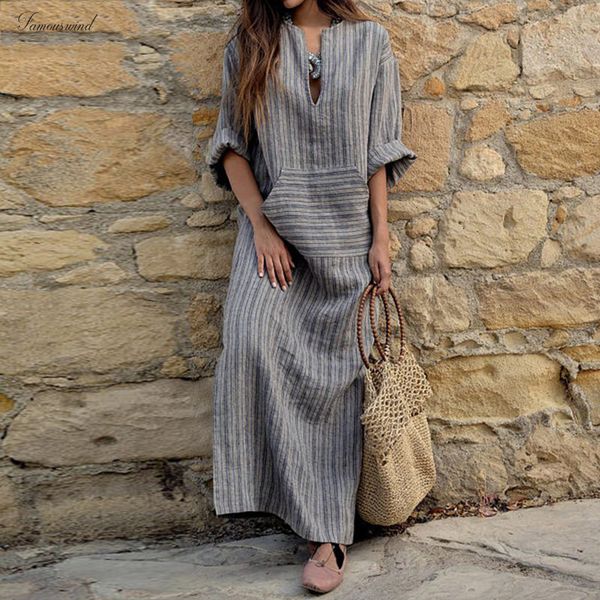 

vintage women striped dress 2019 autumn casual loose maxi long dresses v neck long sleeve vestidos plus size, Black;gray
