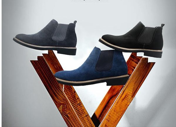 

cow suede cowboy boots men low heel stretch fabric mens boots slip split leather men ankle bota masculina, Black