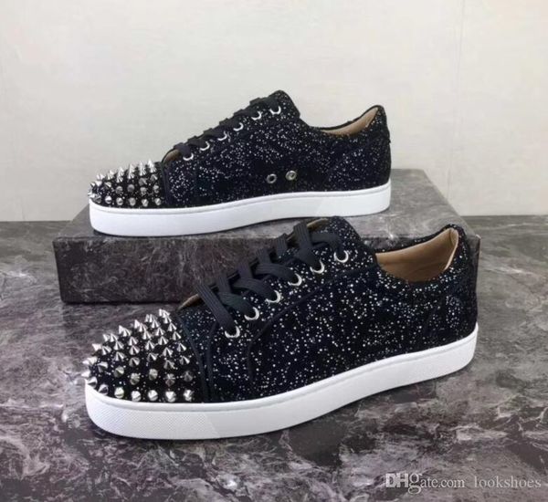 

luxury glitter leather fashion red bottom spikes sneakers shoes for women, men casual walking brand designer walking eu35-47, Black