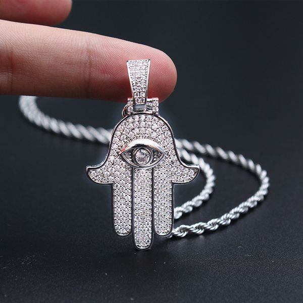

iced out hamsa hand fatima palm pendant necklace steel rope chain gold silver cubic zircon men's hip hop chain jewelry gift