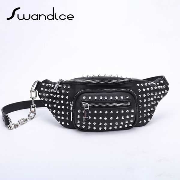 

natural cowhide real genuine leather studed rivets chain chest waist bum belt fanny packs crossbody shoulder bags women female t200113