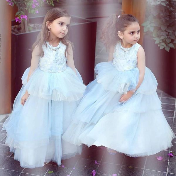 

2020 latest arrival baby blue girls pageant dresses jewel neck zipper back bow tiered skirt flower girls gowns kids formal wear, White;red