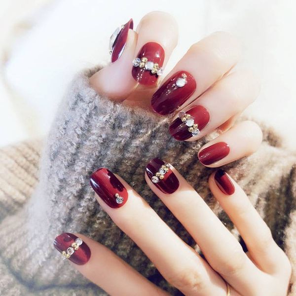 

manicure red rhinestone round head fake nails finished full cove bride wedding false nails display fingernails, Red;gold