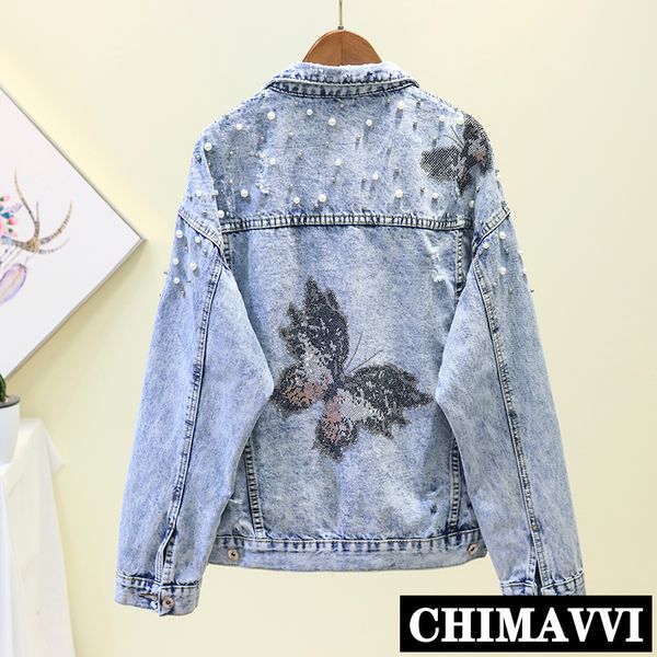 

new spring autumn studded beaded denim jacket women new korean butterfly print loose jeans coat student casual jackets coat, Black;brown