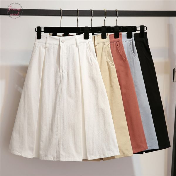 

high waist zipper korean midi skirt women 2019 spring double pocket summer skirts womens autumnpleated skirt female white, Black