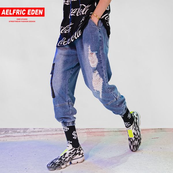 

aelfric eden 2018 high street mens ripped big hole men jeans streetwear skateboard straight pants man casual elastic jeans rk31, Blue