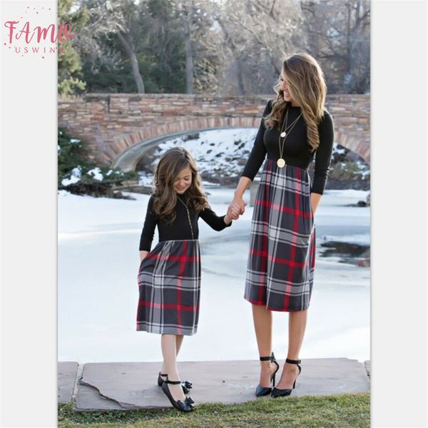 

winter mother daughter knee-length clothes parent child dress women girl family plaid outfits, Black;gray
