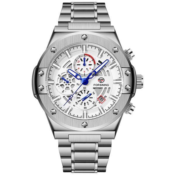 

forsining chronograph mechanical watch luminous waterproof skeleton men wristwatch date week display business causal mens clock, Slivery;brown