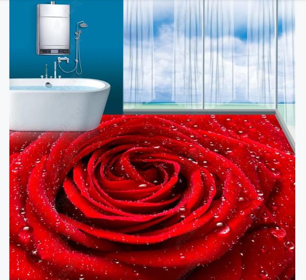 Personalizado 3D Auto-adesivo Piso Photo Papel de Parede Romântico Amor Vermelho Rosa Rosa DewDrop Quarto Banheiro 3d Chão Telhas