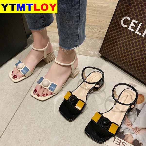 

black beige slip-on sandals women novelty thick heel sandals summer outer wear button decoration open toe high heels women 2020