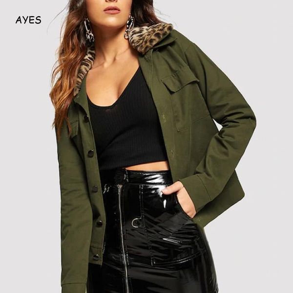 

autumn winter green jacket fashion solid jacket single breasted leopard turn-down-collar outerwear casual coat women streetwear, Black;brown