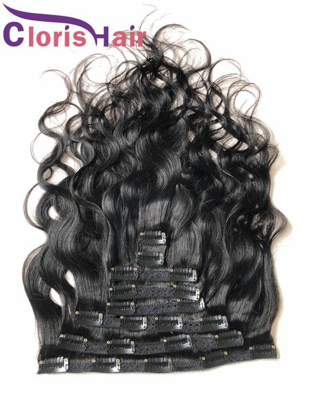 Clipe de espessura em extensões corporal onda peruana virgem humana cabelo clips 120g 8 pcs / set forte trama dupla # 1b clipes ondulados negros naturais no tecido