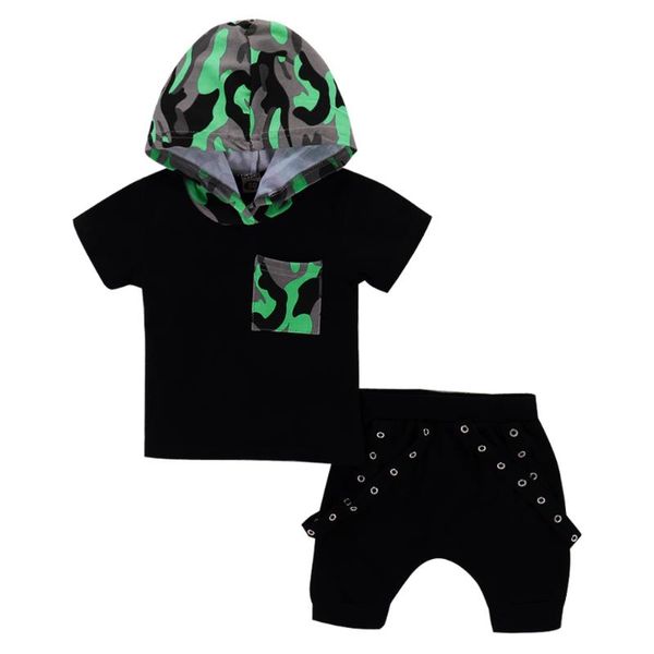 

toddler baby girl boy 2pcs set camouflage splicing hooded short sleeve t-shirt+ shorts outfit kid summer casual playsuit, White