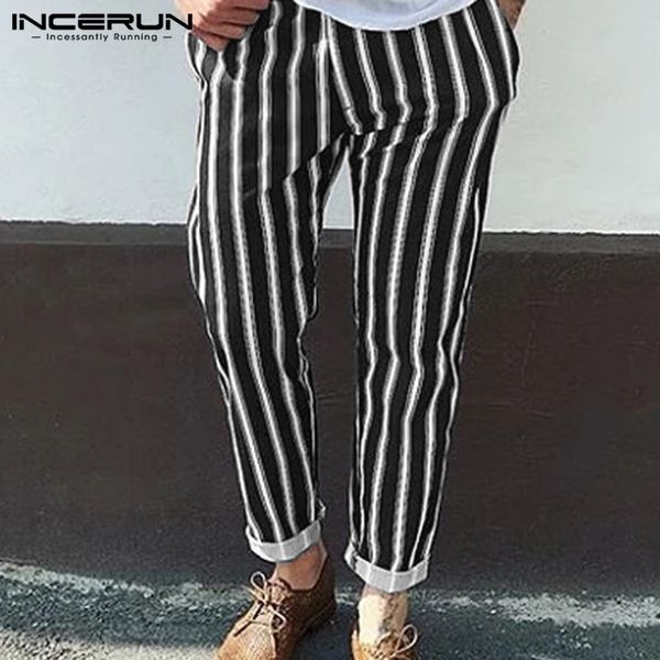 

incerun fashion men striped straight leg pants business casual retro slim joggers sweatpants streetwear stretch elastic trousers, Black